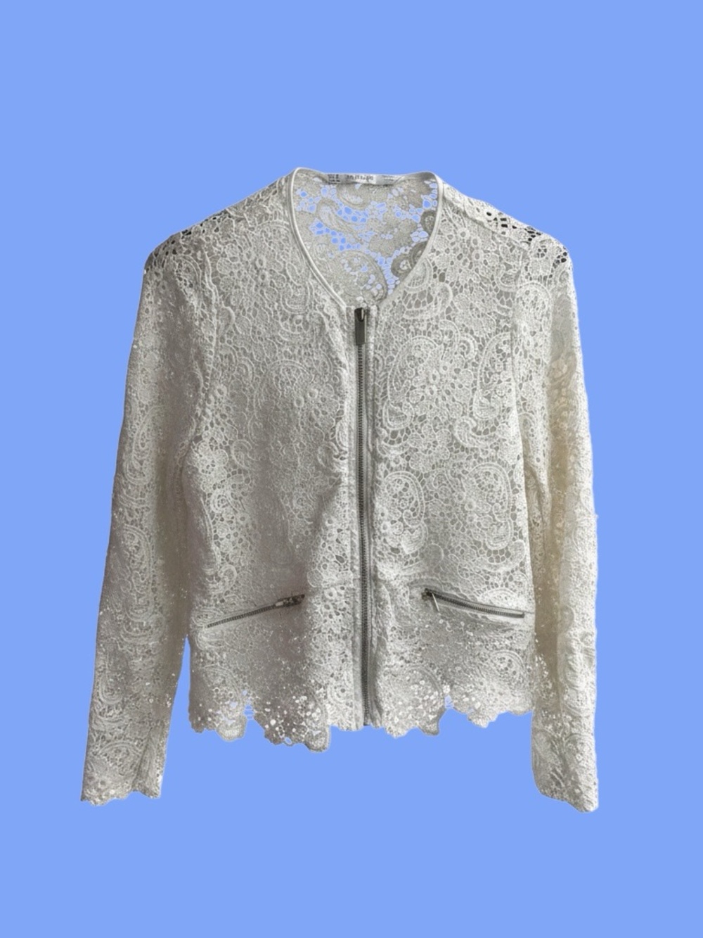 Zara Cream Lace Zip-Front Cardigan / Bomber Jacket - M